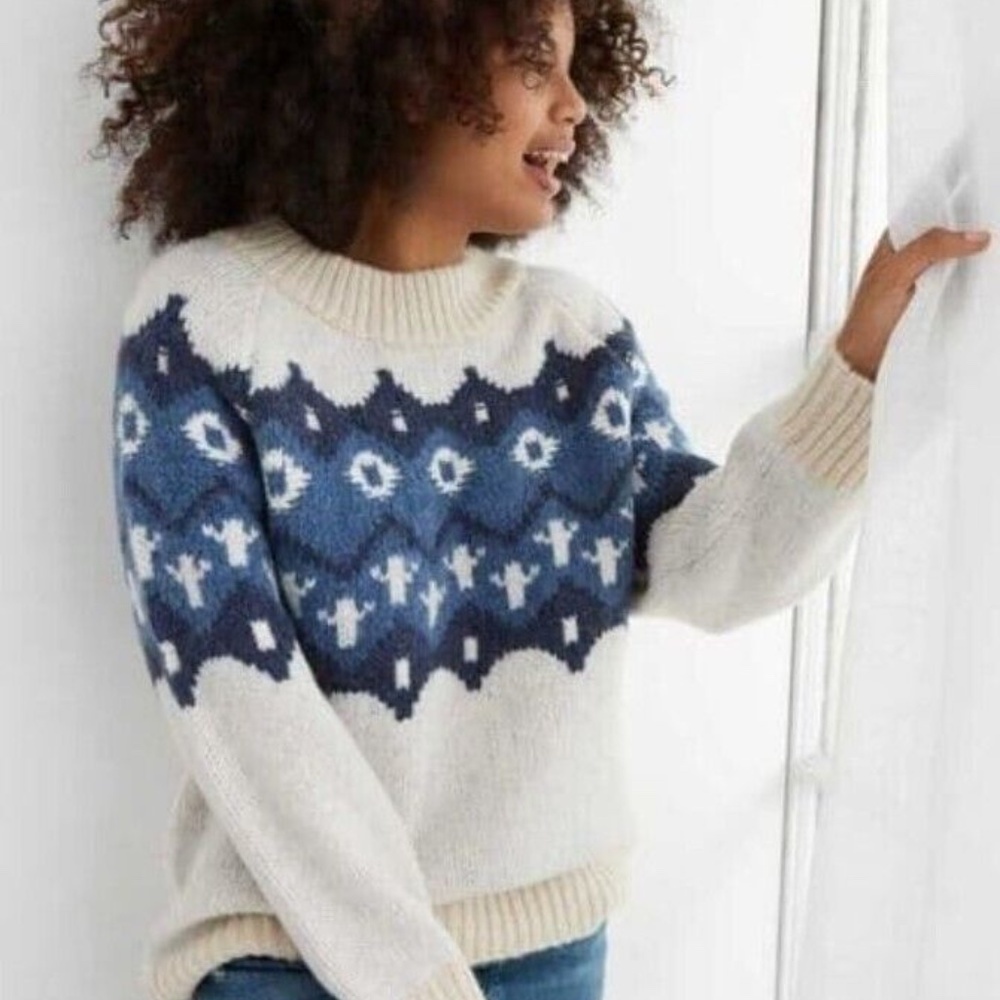 Aerie Boyfriend Oversized Apres Ski Fair Isle Wool Blend Sweater Cream Blue L